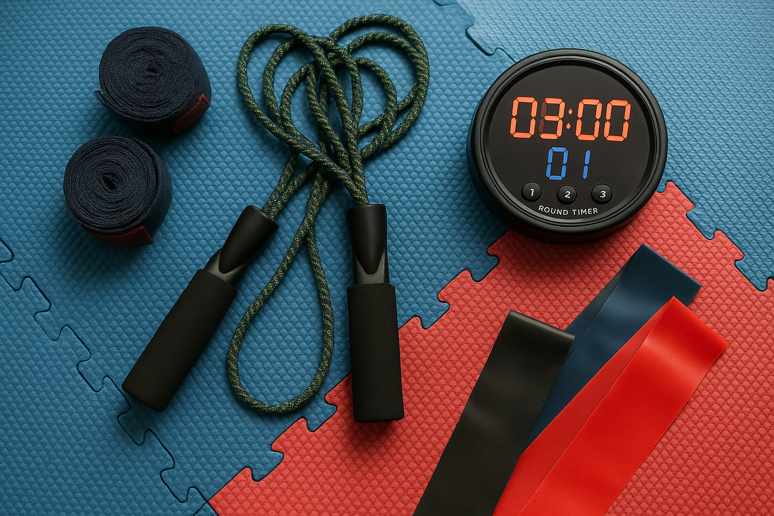 Flat lay d’accessoires de home dojo : bandes, corde, minuteur, élastiques