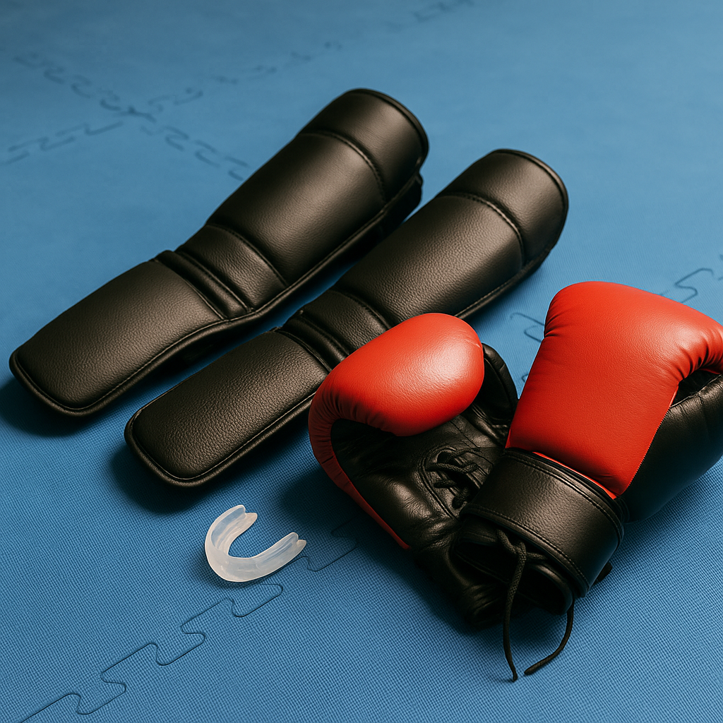 Protections : gants, protège-tibias, protège-dents posés sur tatami