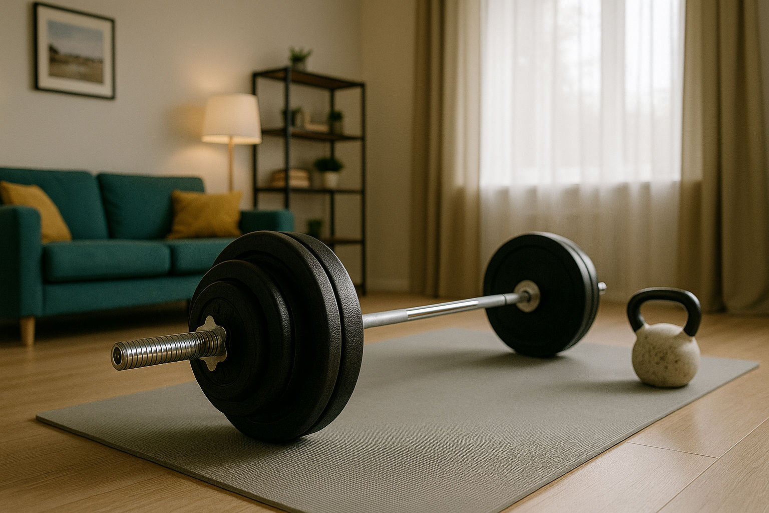 Home gym avec tapis et charges légères