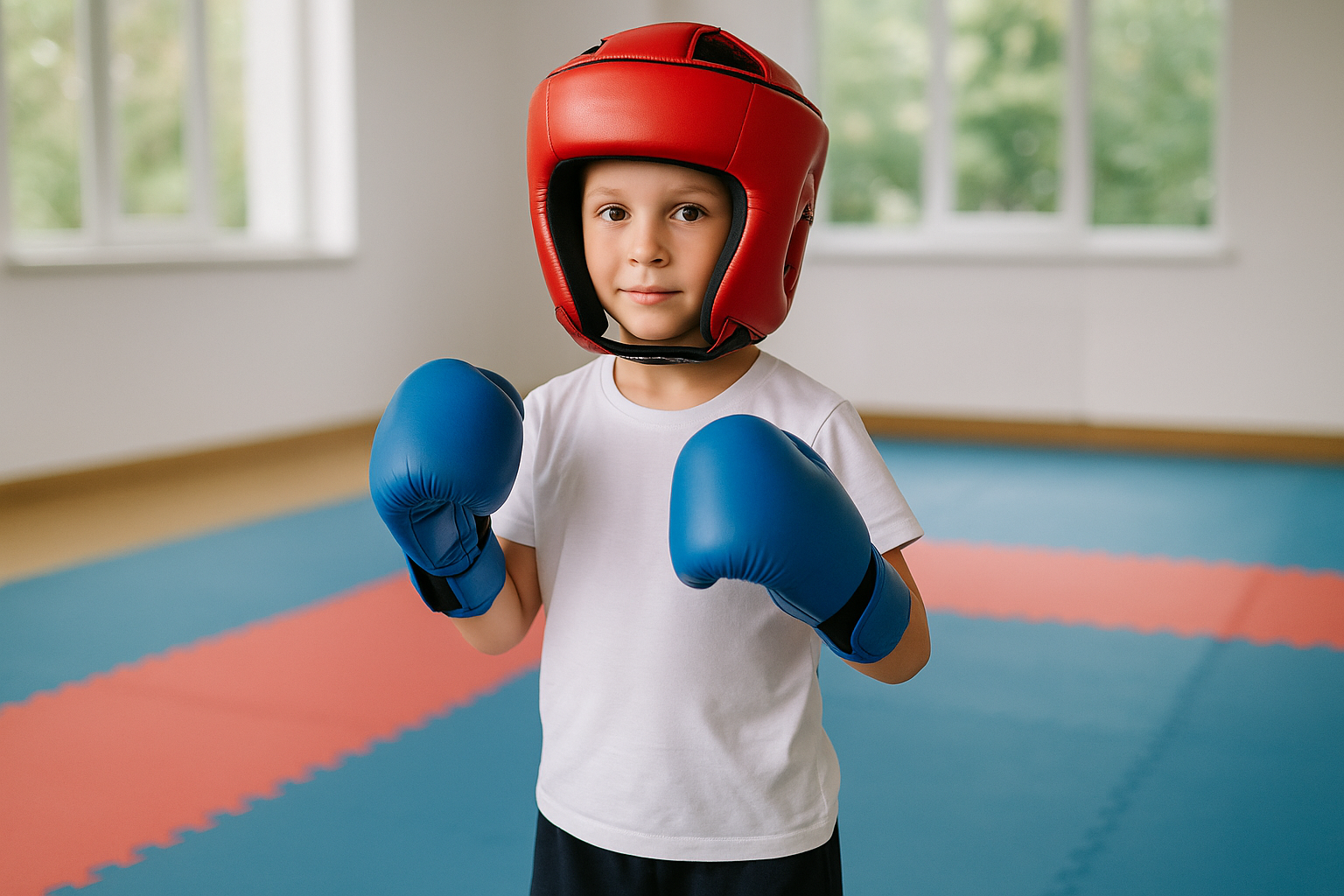 Enfant avec casque et gants sur tatami
