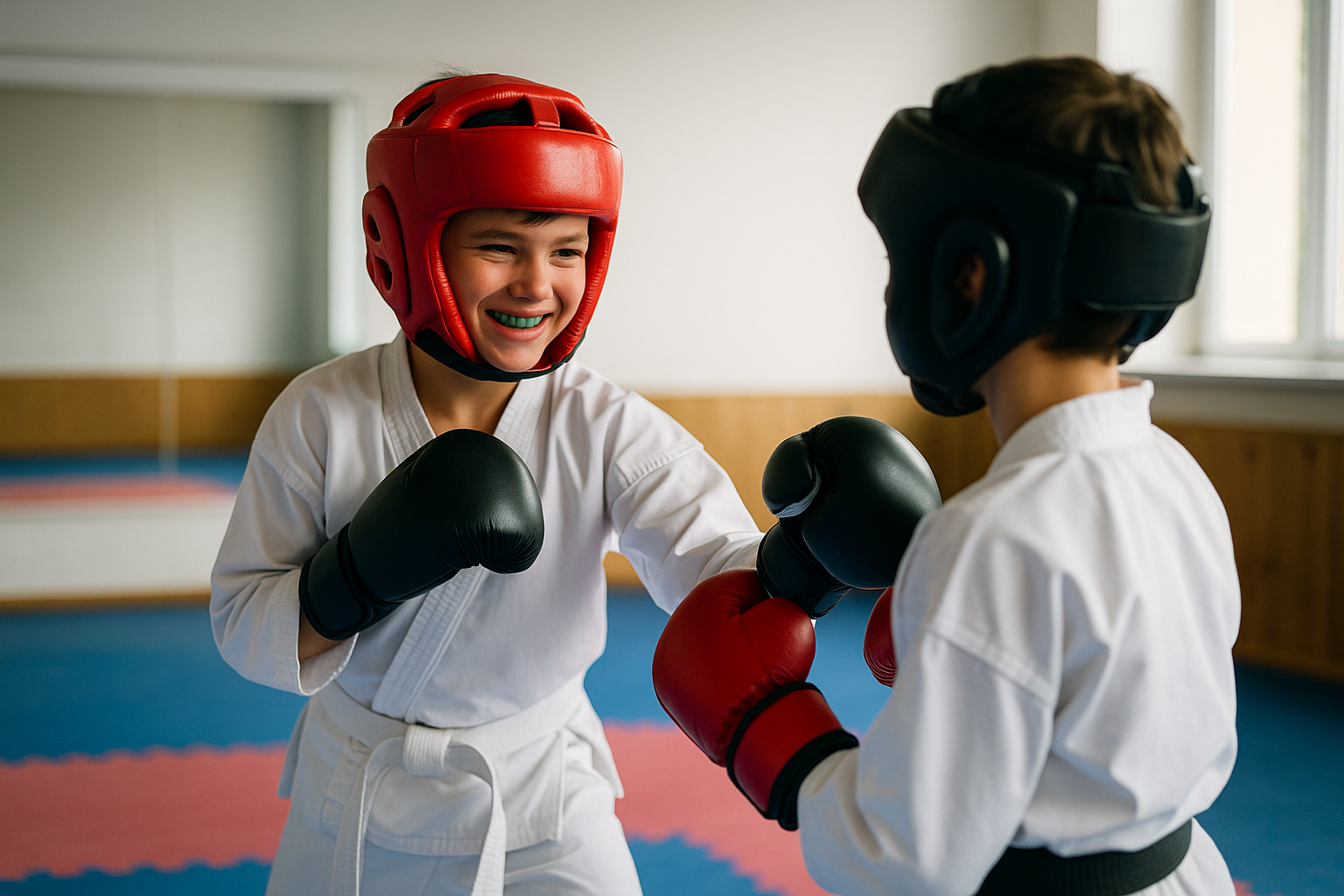 Deux enfants avec protections complètes en position de garde