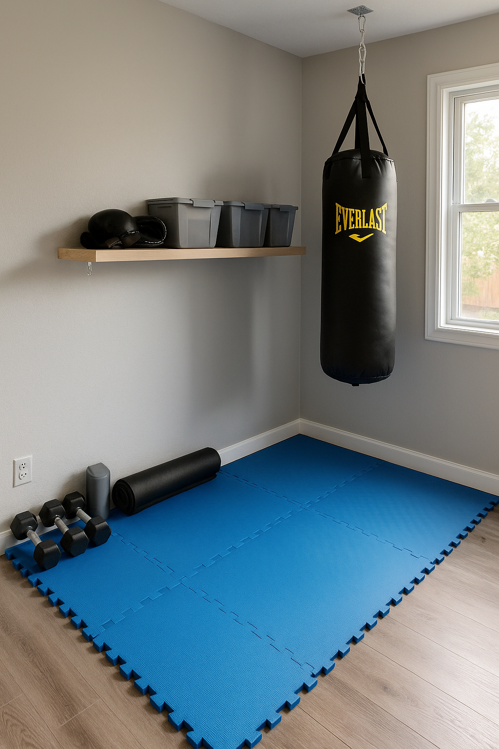 Coin home gym avec tatamis et sac de frappe
