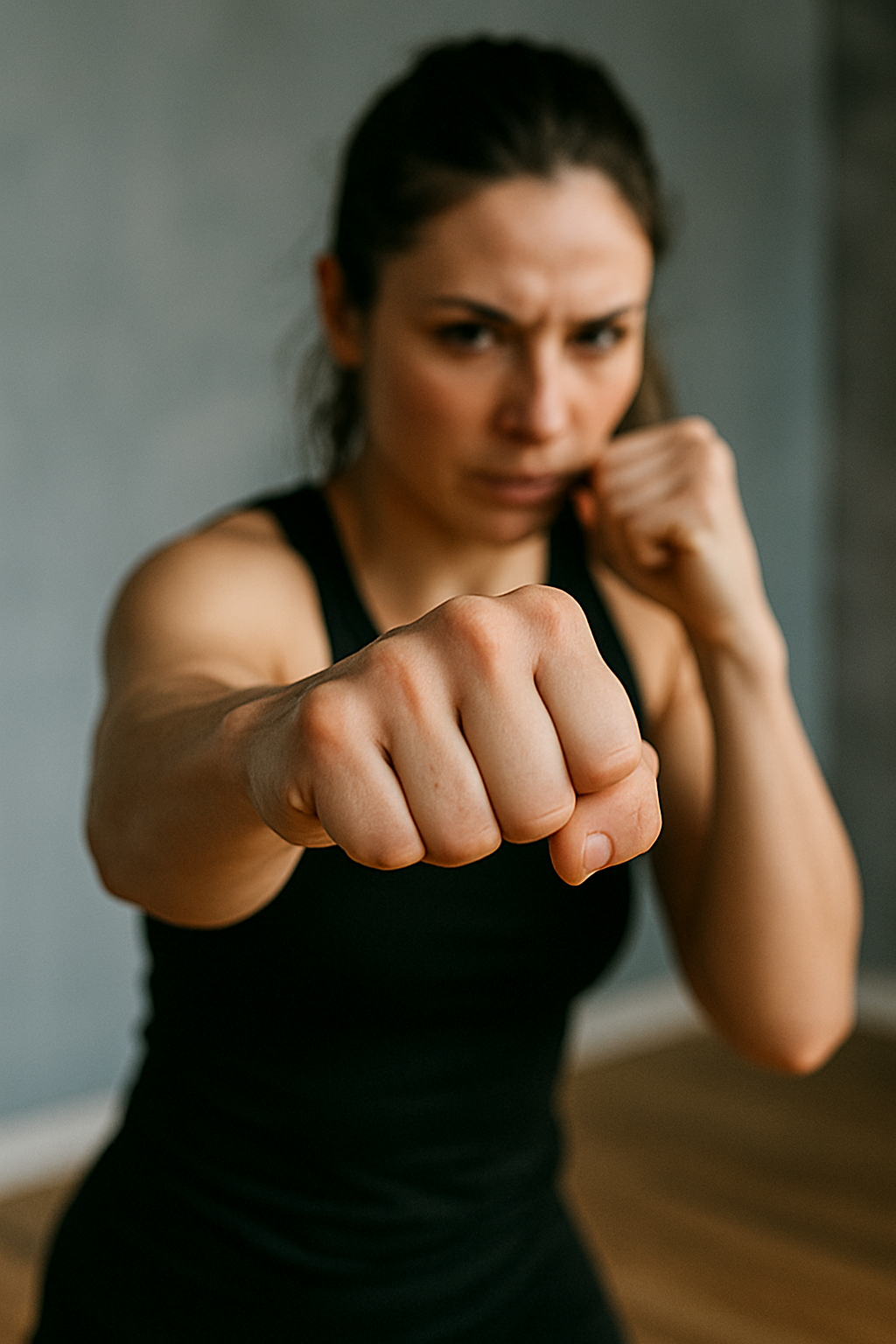 Pratiquant en salle effectuant du shadow boxing