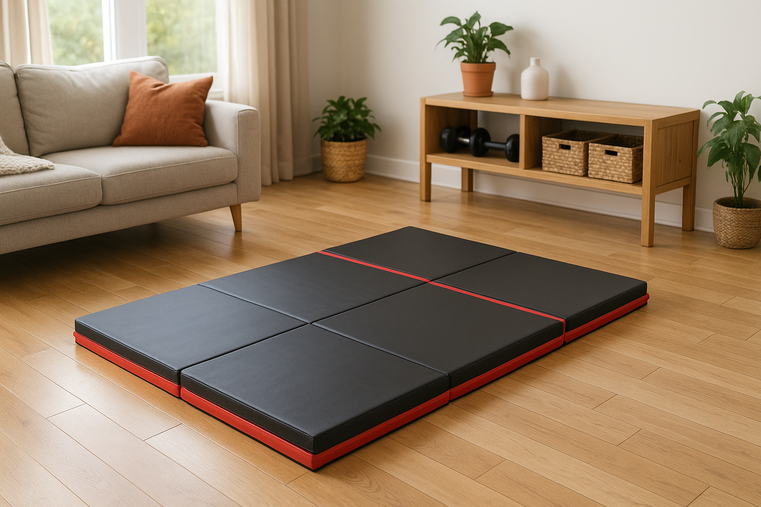 Tatami pliable noir plié en deux appuyé contre un mur