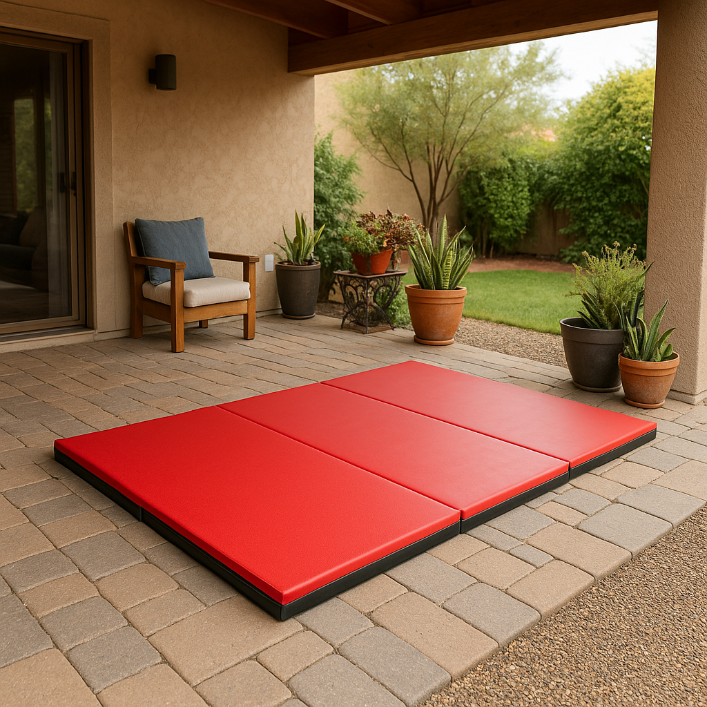 Tatami pliable rouge et noir ouvert dans un garage home gym